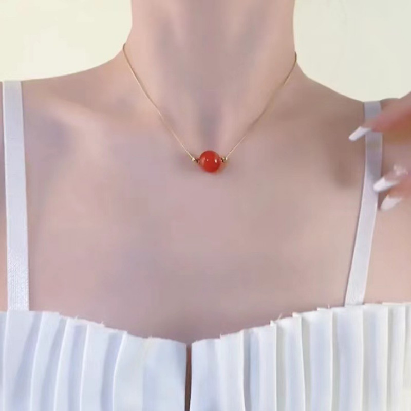 Dây Chuyền Sợi Mì Mặt Trái Châu Đá Đỏ Titan Ko Đen TT 4371